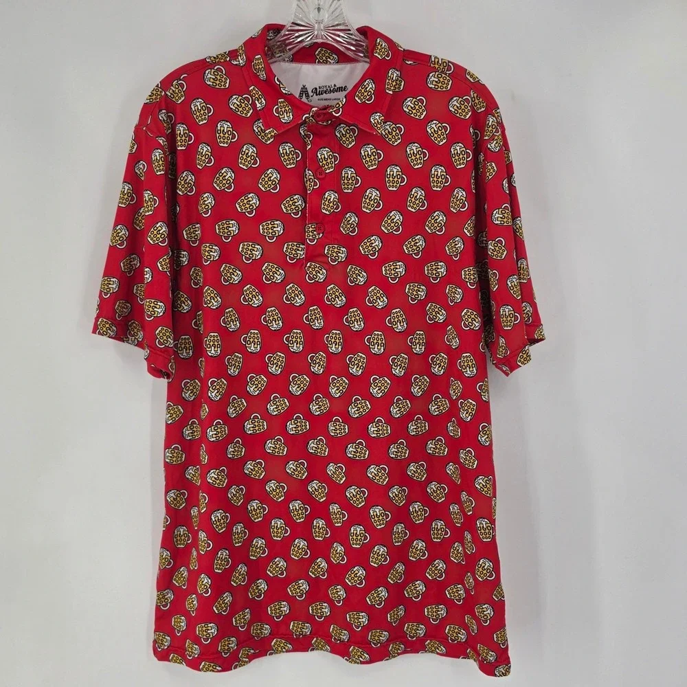 Royal & Awesome Mens Large Red Beer Mug Print Golf Polo Shirt Short Sleeve L AOP